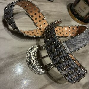 Stylish Studded Denim Belt with Silver Accents